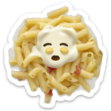 pasta in a plate with white sauce and bacon sticker