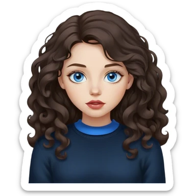 girl with long, lush, slightly curly dark brown hair, big lips and blue eyes, black sweater sticker