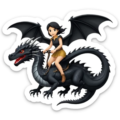 Super large black dragon flying with a  female rider on top of it sticker