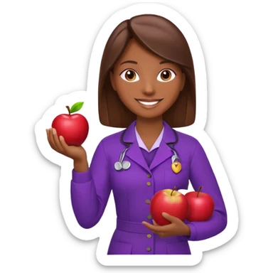 nutricionista castaña chocolate con uniforme morado, sonriendo, mientras sostiene una manzana roja con una mano. sticker
