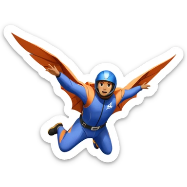A daring wingsuit athlete soaring between towering mountains, with their wingsuit fully stretched, cutting through the air at high speed. The background features dramatic cliffs and a vast sky, emphasizing the thrill and freedom of base jumping. sticker