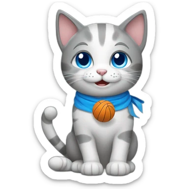 a happy gray cat with blue eyes and a volleyball sticker