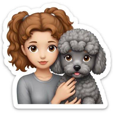 A girl with caramel brown ponytail holding a grey poodle sticker