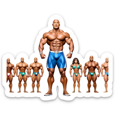 Dwayne Johnson, oiled and posing at the Mr. Universe bodybuilding championship, showcasing his muscular physique in an iconic display of strength. The background features the stage with judges and audience, capturing the intensity and prestige of the competition. Transparent background. sticker