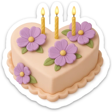 Add birthday candles to the heart-shaped fondant cake with purple flowers, fondant cake art style, keep transparent background. sticker