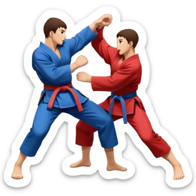 Two SAMBO fighters in blue and red uniforms engage in dynamic grappling and throwing techniques. One executes a powerful throw while the other tries to counter. The scene is set in a sports arena with a competition mat, capturing the intensity and motion of the martial art. Transparent background. sticker