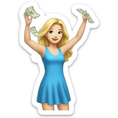white girl in a blue dress throwing money up in the air. sticker