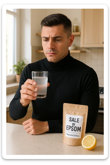 A realistic, bright photo-style image of a young man in his 30s standing in his kitchen, holding a clear glass filled with water in which Epsom salt (magnesium sulfate) has been dissolved. He looks focused but slightly uncertain as he prepares to drink it for a liver flush or digestive cleanse. The glass shows slight cloudiness from the dissolved salt. On the counter are a packet labeled 'Sale di Epsom' and a sliced lemon, suggesting he might use it to mask the taste. The setting is clean, natural, and bright with neutral tones. The background shows sunlight streaming through a window, emphasizing a clean, minimalist health-focused environment. The mood conveys a realistic, calm moment of self-care with a hint of discomfort, illustrating a natural detox practice in italiano sticker