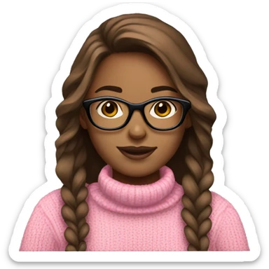 Girl with brown hair and black glasses frame and pink sweater is working behind laptop sticker