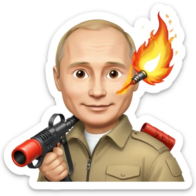 Vladimir Putin smiles and holds a flamethrower sticker