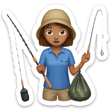 girl fishing, caught trash bag on rod sticker