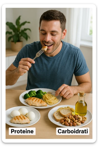 uomo che fa alimentazione attraverso i giusti macronutrienti. Scritte in ITALIANO immagine 4k realistica sticker