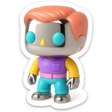 Add bright, fun, and colorful eyes, hair, and clothing to each Funko Pop character, keeping their skin and base chrome and reflective. Preserve the chrome look overall while enhancing the details with vivid colors. sticker