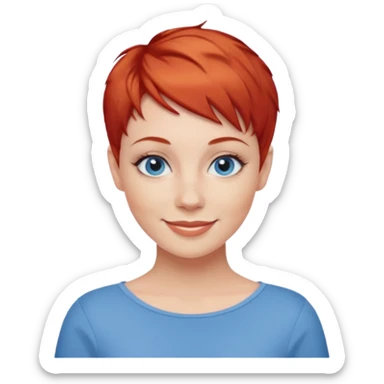 27 year old white woman, red hair, pixie cut, blue eyes sticker
