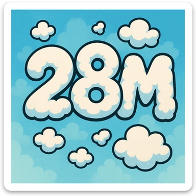 The number two, the number eight, and the letter M in a cartoonish cloud formation, bold and playful sticker