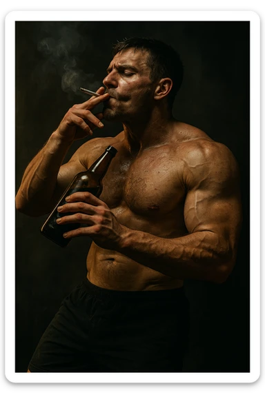 vertical realistic scene of a muscular bodybuilder smoking, drinking alcohol, and showing other unhealthy behaviors, dramatic atmosphere, 2:3 aspect ratio sticker