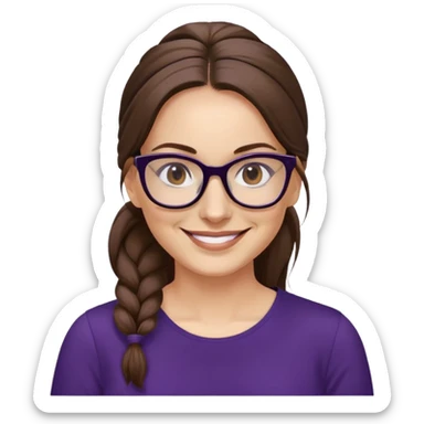 nữ 40 tuổi, da trắng, tóc dài được buộc gọn gàng màu nâu, mặt cười tươi vui vẻ, đeo kính màu đen, áo tím đậm sticker