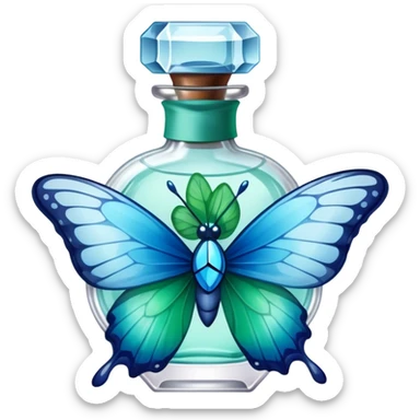 A glass perfume bottle with a soft blue ribbon tied around its neck, with a green and blue butterfly nearby. sticker