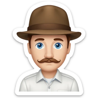 Justin Jeffre blue eyes, brown hair and mustache, white shirt and hat sticker
