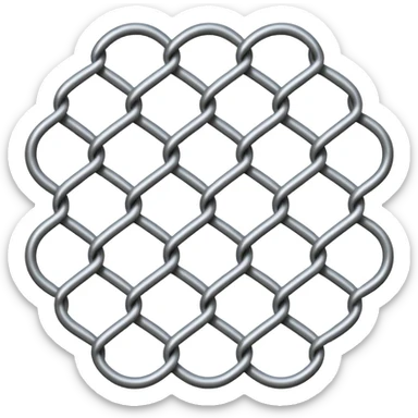 3D render of Chain Link Fence, made of interlocking chainmail metal rings, wire mesh texture, visible holes and negative space, metallic silver and grey, high contrast shadows, emoji style, isolated on white background --v 6.0. sticker