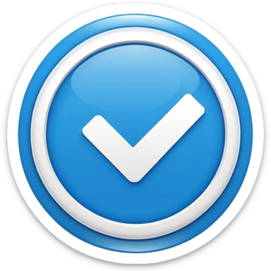 Blue verification badge icon, minimal flat design, bright blue circle with white check mark in center, social media verified style, high contrast, simple emoji style, transparent background sticker