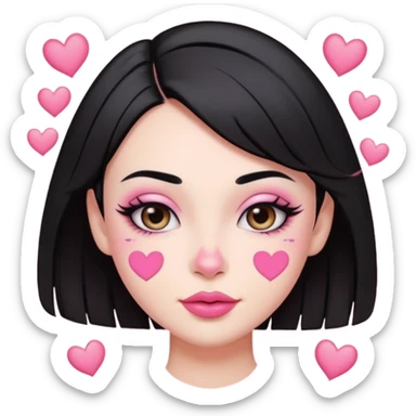 “Emoji girl, pastel pink streaks in black hair hair, bold winged eyeliner, heavy blush on cheeks and nose bridge, under-eye hearts, glossy pink lips, playful smirk.” sticker