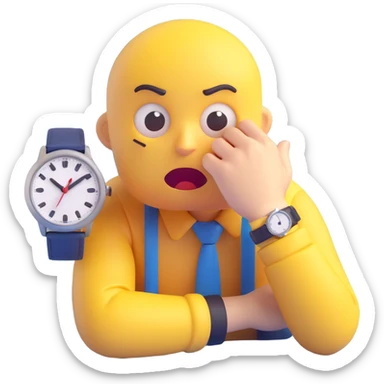 A yellow emoji face with a worried expression, looking at a wristwatch with raised eyebrows, showing urgency and stress sticker