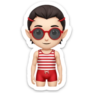 elf male legolas portrait, vintage striped swim briefs (red/white), round mirrored sunglasses, slicked-back dark hair, slight smile, sharp pointy ears, no background, centered emoji, retro summer sticker