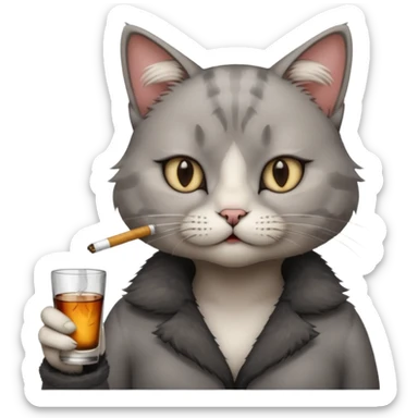 hazme a un gato fumando cigarro mientras toma alcohol y está depre sticker