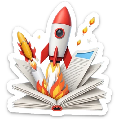 Rocket launching from stack of papers, fire trail, minimal flat design, youtube and instagram sticker