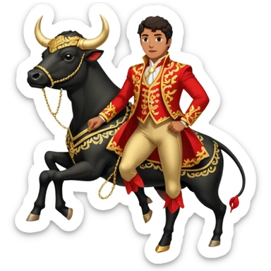 Create a realistic image of a traditional bullfighting scene in a Spanish arena.
Show a bullfighter (matador) in an ornate, gold-trimmed suit holding a red cape (muleta) as a powerful black bull charges toward it. sticker