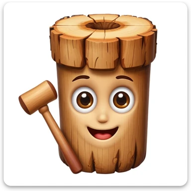 happy wood log emoji with big eyes, holding a tiny mallet, white background, adorable and colorful, apple emoji style sticker