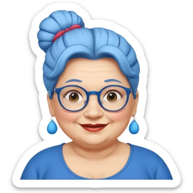 fat old woman with blue big bun hair and glassess, no earrings sticker