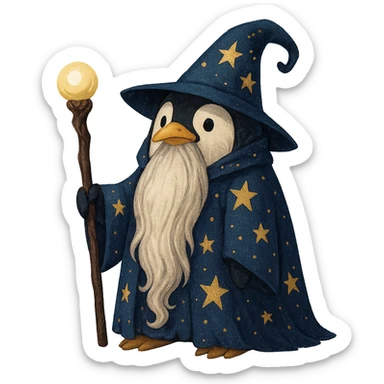 penguin wizard with a long beard and starry cloak sticker
