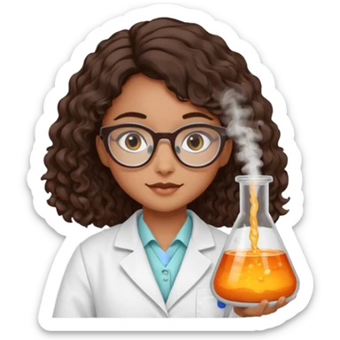 realistic bratz doll with long loose curly dark brown hair, glasses that are round cat eye vibes, in a lab coat mixing beakers that glow shes a 4th grade girl sticker