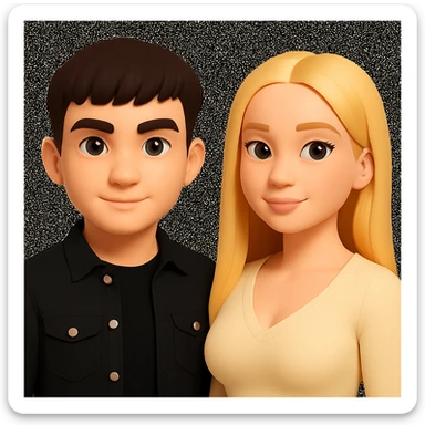 Slightly increase the volume of the upper body of the girl, separate the girl and the boy from each other, make the skin color the same for both characters, while preserving the cartoonish 3D style as in the reference image. sticker