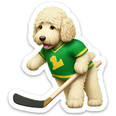 Cream labradoodle playing hockey in a green and yellow jersey  sticker