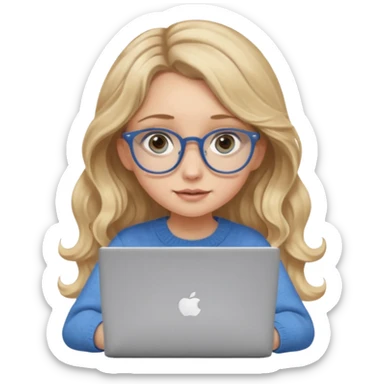 blonde girl with long dark blonde wavy hair, blue big eyes, pantos-style glasses, a brown sweater, sitting and looking in laptop, soft pastel, upper body shot sticker