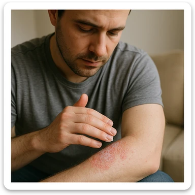 realistic image of a man applying cream to his skin for dermatitis, showing affected area on arm or leg, medical and respectful context, no explicit details sticker