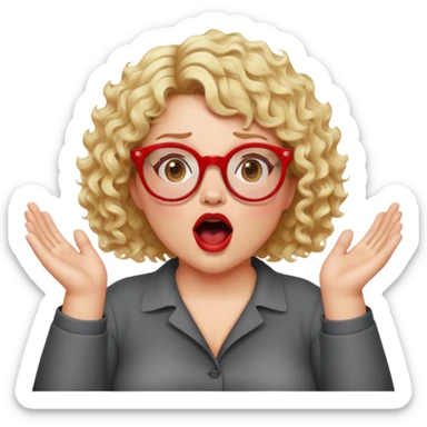 A blonde woman with short curly hair, slightly overweight, wearing red-framed glasses, shouting with hands cupped around her mouth sticker