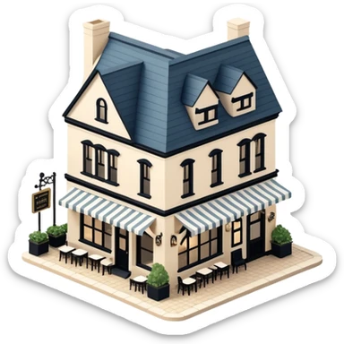 Isometric exterior little black, beige, and white upscale seafood restaurant, english dollhouse style 3D realistic  sticker