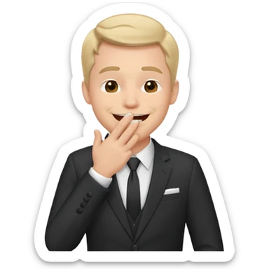 a white man in a formal suit laughs, covers his mouth with his hand sticker