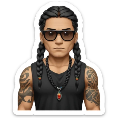 Native American/Spanish male. Hair on chin.
Untucked loose fitting black t-shirt. 
long black braided hair.
muscular.
Even More tattoos. 
Tough and menacing.
Dark black square sunglasses. sticker