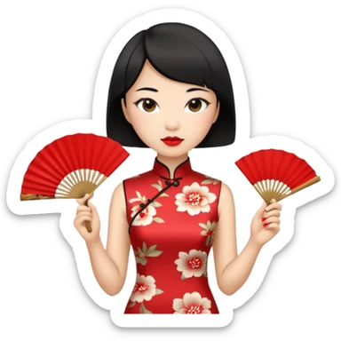 a chinese woman wearing a cheongsam holding a folding fan elegantly with fancy, red lipstick and short black hair sticker