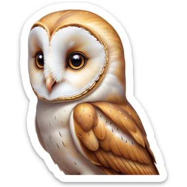 Cinematic Cute Barn Owl Portrait Emoji, Head tilted playfully and inquisitively, featuring a softly mottled Fur of white and brown with delicate feather patterns, round, sparkling amber eyes filled with curious wonder, Simplified yet irresistibly adorable features, highly detailed, glowing with a warm, friendly glow, high shine, affectionate and gentle, stylized with a touch of barnyard whimsy, bright and endearing, soft glowing outline, capturing the essence of a mischievous yet loving owl, so playful it feels like it could swoop out of the screen and into your arms! sticker