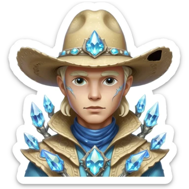 Portrait of a crystalline alien cowboy, face made of sharp translucent crystal structures, light refracting through edges, elegant cowboy hat carved from alien mineral, dramatic rim lighting, ultra detailed fantasy sci-fi portrait
 sticker