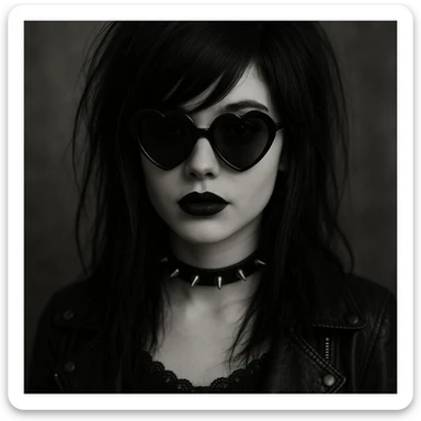emo girl with heart-shaped sunglasses, dark hair, mysterious vibe sticker