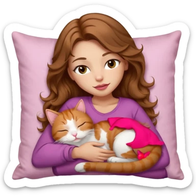 girl with long wavy brown hair, brown eyes, long lashes makeup, sexy pink lips, light to medium complexion,  sleeping on a cozy pillow, with 6 cats: 1 brown tabby cat, 1 ginger and white cat, 2 grey and white cats, 1 grey with white mittens and small white patch on chest cat and 1 calico cat sticker