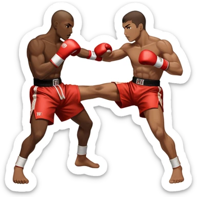 An icon showcasing a kickboxer in action, using precise techniques with both feet and elbows. One fighter delivers a powerful kick to the opponent's legs, while the other counters with an elbow strike. The background features a ring and a dynamic atmosphere. Transparent background  sticker