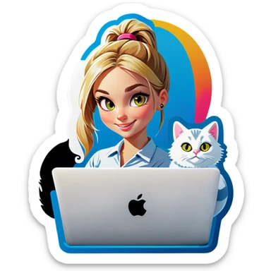 Blonde girl ponytail macBook and a cat sticker